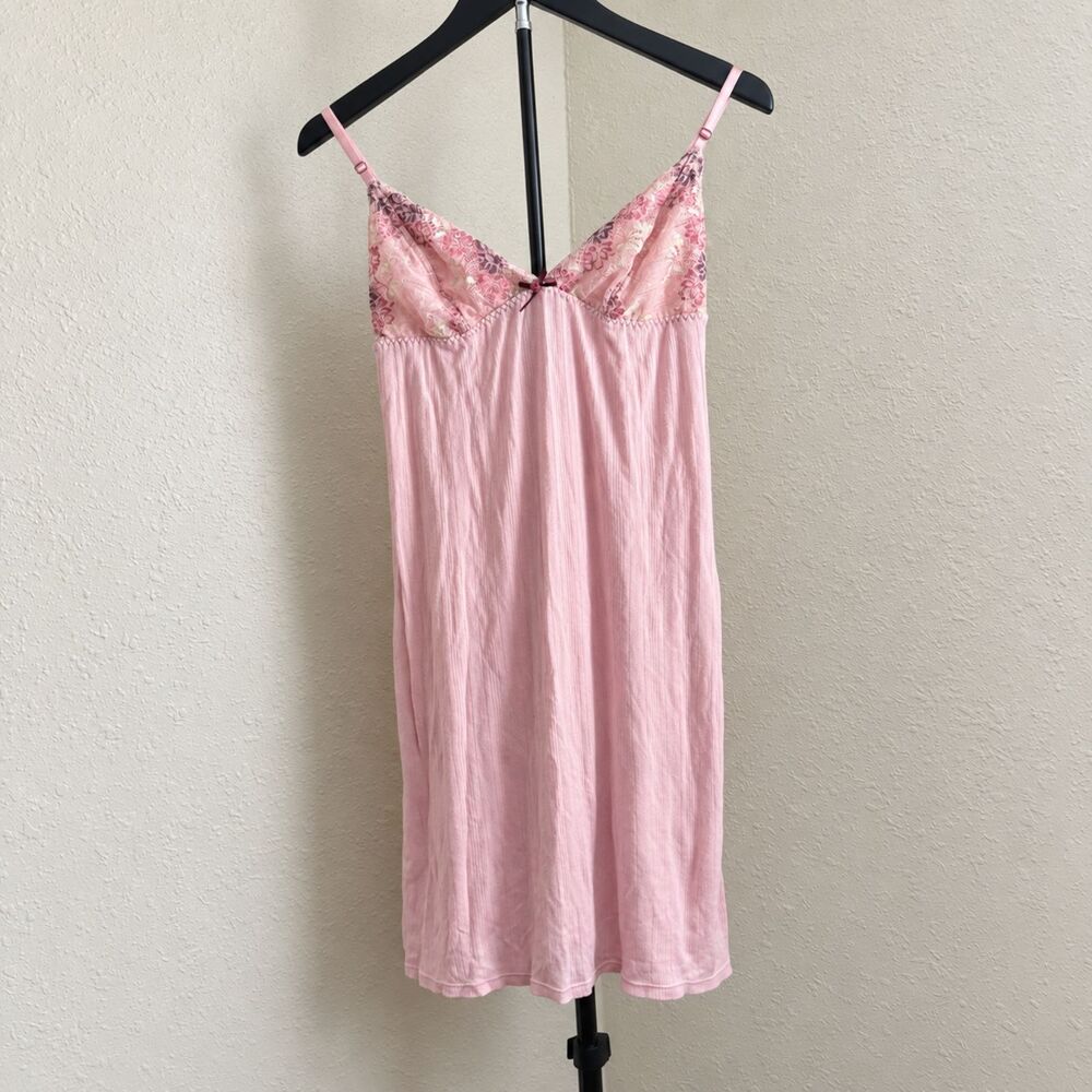 Y2K Pink Floral Lace Chemise Slip Dress Nightgown Coquette Size M